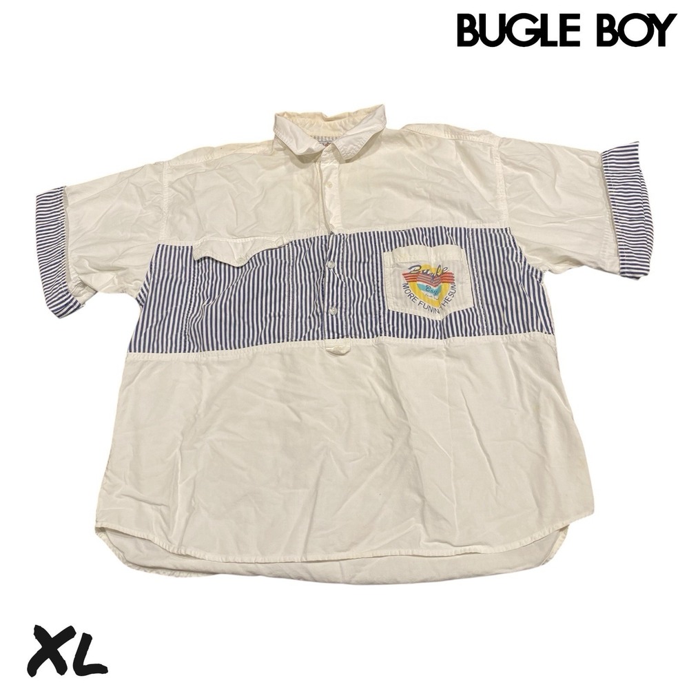 Vintage 80s Mens Bugle-Boy Button Shirt XL Striped Pocket Logo Retro Blue White